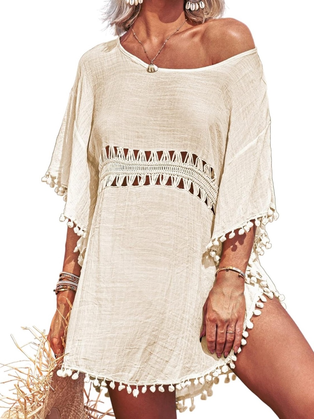 Women’s Cream Pom-Pom Beach Cover-Up Tunic